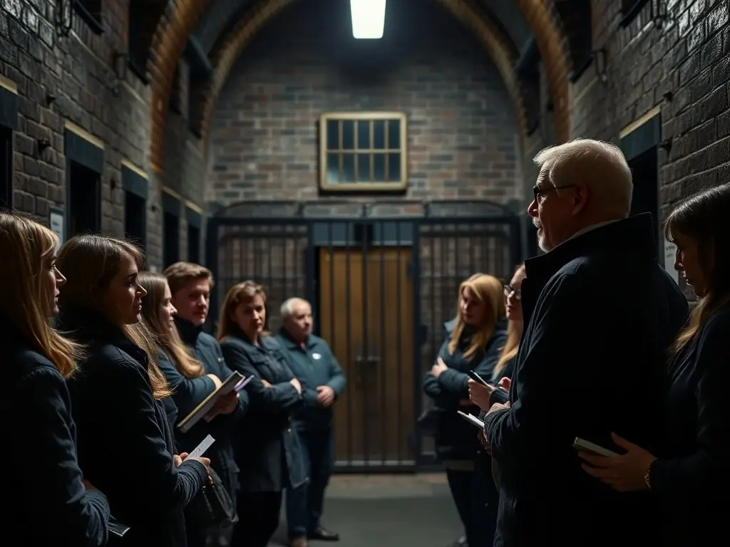 A photograph capturing a guided tour group inside Kilmainham Gaol, with a guide passionately explaining the history of the site to attentive visitors. The image should convey a sense of historical immersion and engagement.