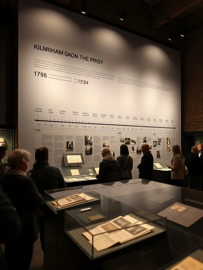 A photograph showcasing the exhibit on the history of the Gaol, with timelines and artifacts detailing its evolution from 1796 to 1924.