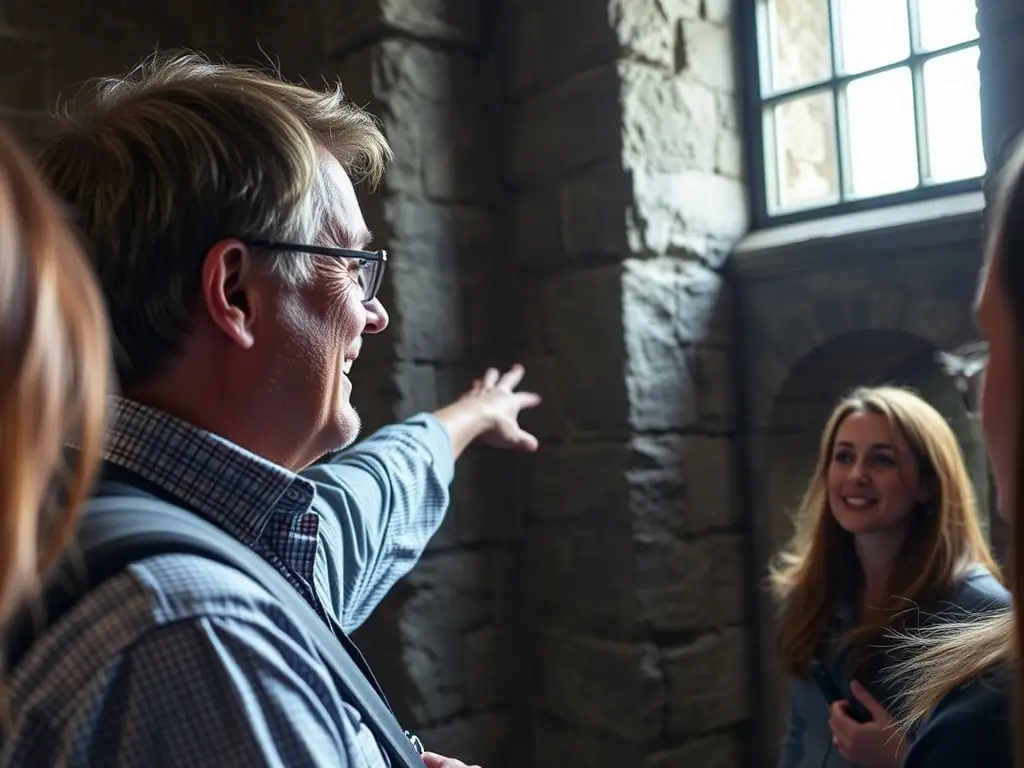 A photograph depicting a close-up of a tour guide inside Kilmainham Gaol, pointing to a historical artifact or architectural detail while addressing a group of visitors. The image should highlight the guide's expertise and the tour's educational value.