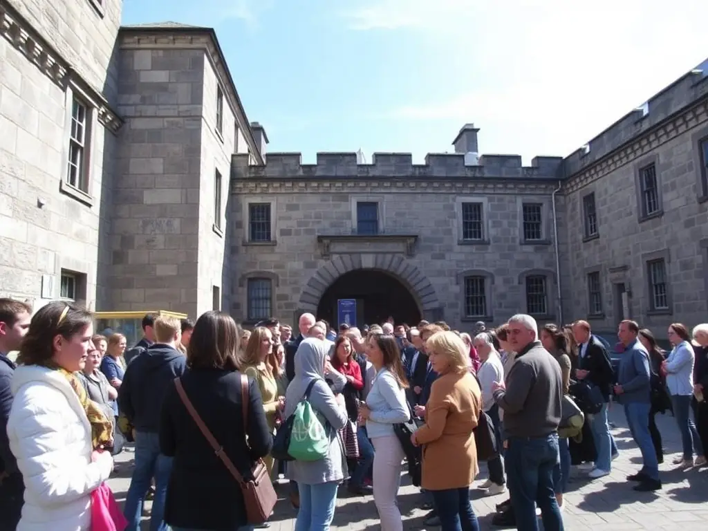 A photograph showcasing the exterior of Kilmainham Gaol, with a group of visitors gathered outside, preparing to embark on a guided tour. The image should convey a sense of anticipation and historical significance.
