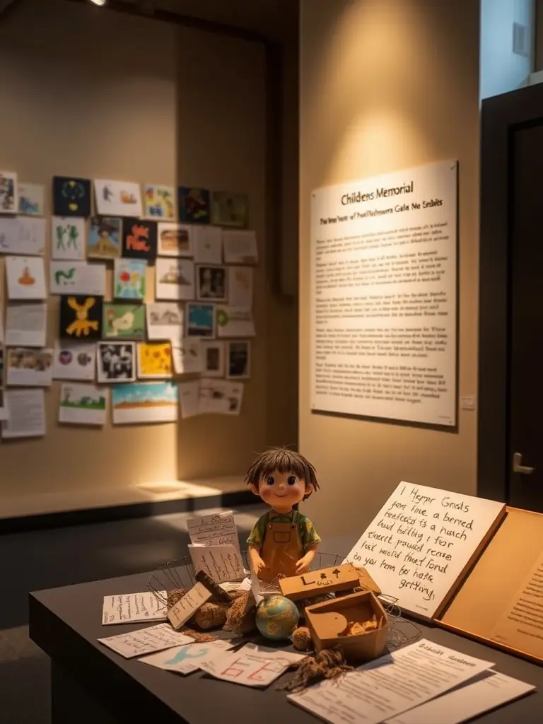 A photograph of the Children's Memorial exhibit, featuring artwork and stories related to children affected by imprisonment.