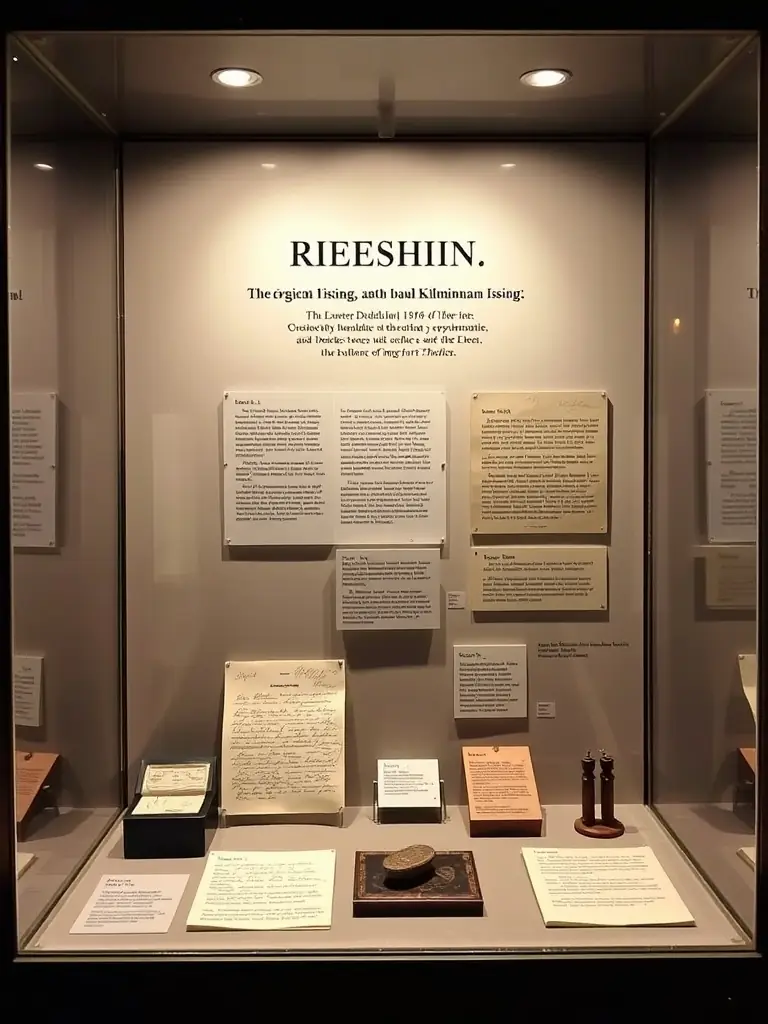 A high-quality photograph of the 1916 Easter Rising exhibit at Kilmainham Gaol, showcasing original letters and artifacts from the leaders.